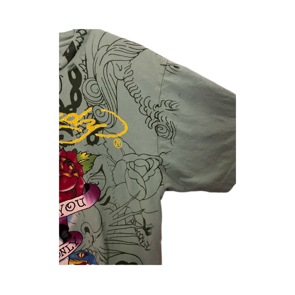 Ed Hardy Green Graphic Short Sleeve Tee with Multicolor Tattoo Print - Picture 3 of 12